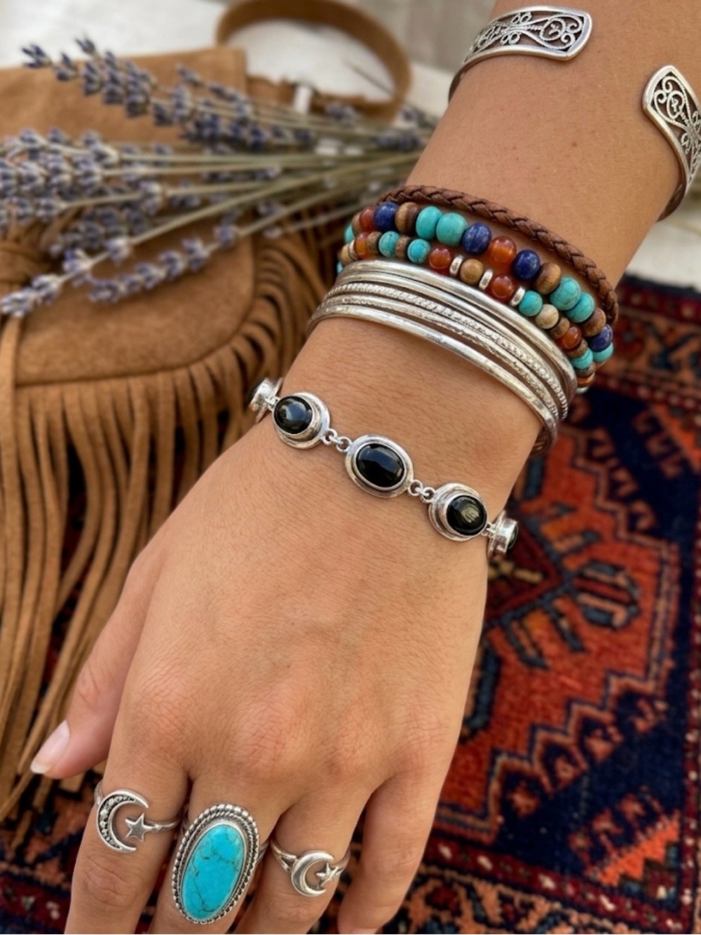 Brenda Schoenfeld Vintage Sterling Silver Black Onyx Bracelet Mexico - Picture 6 of 11